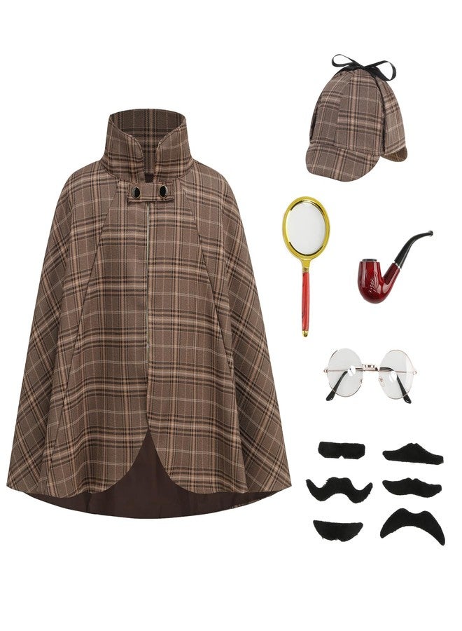 TOONRAIN Kid Detective Costume Accessories Set 6 Pcs Spy Sherlock Holmes Hat Costume Dress Up for Halloween Role Play(50CM/19.7", Brown) - Image 1